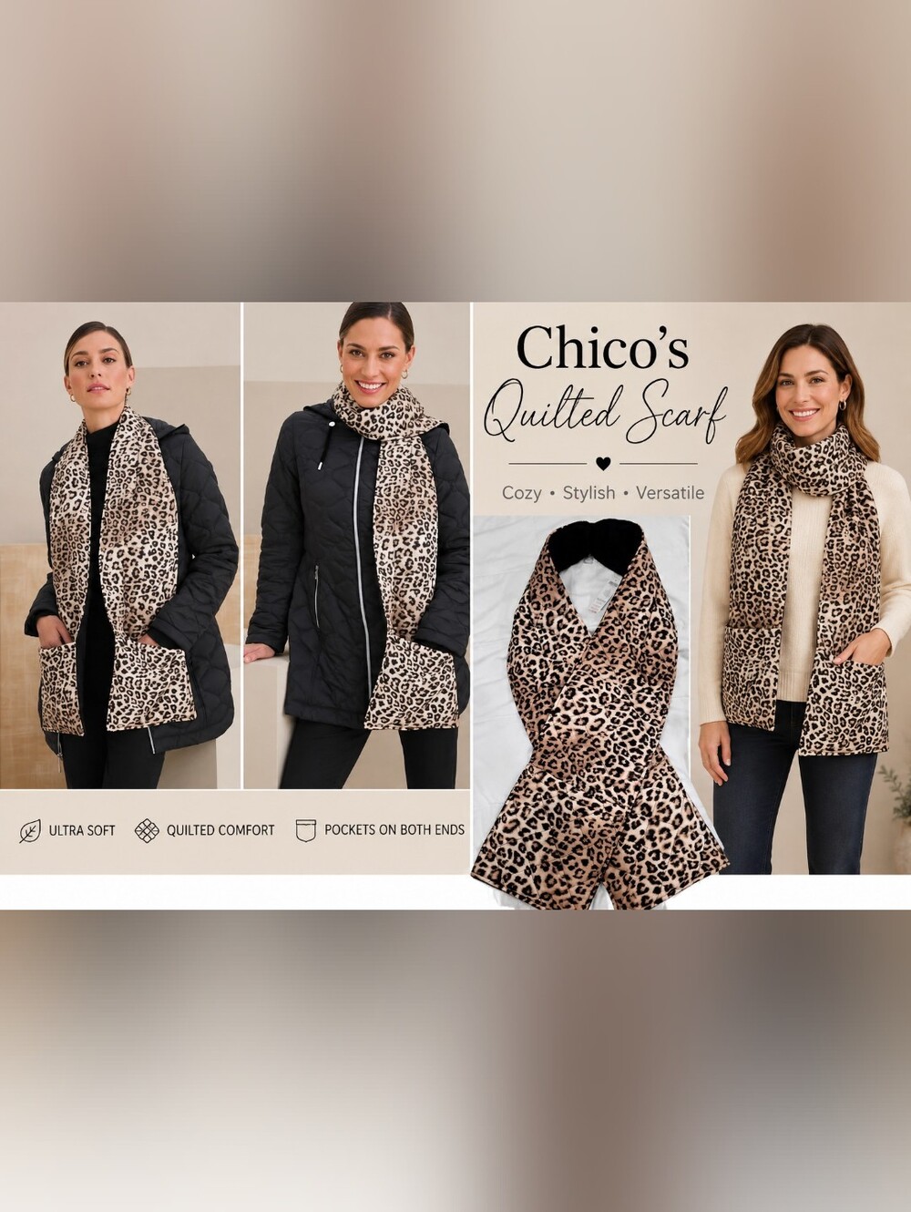 Chico's Cozy-Interior Quilted Cold Weather Scarf in Animal Print - Leopard